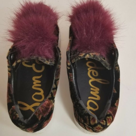 Sam Edelman Leya Velvet Shoes Faux Fur PomPom Slip-On Sneakers size 8.5 Burgundy - Picture 15 of 17